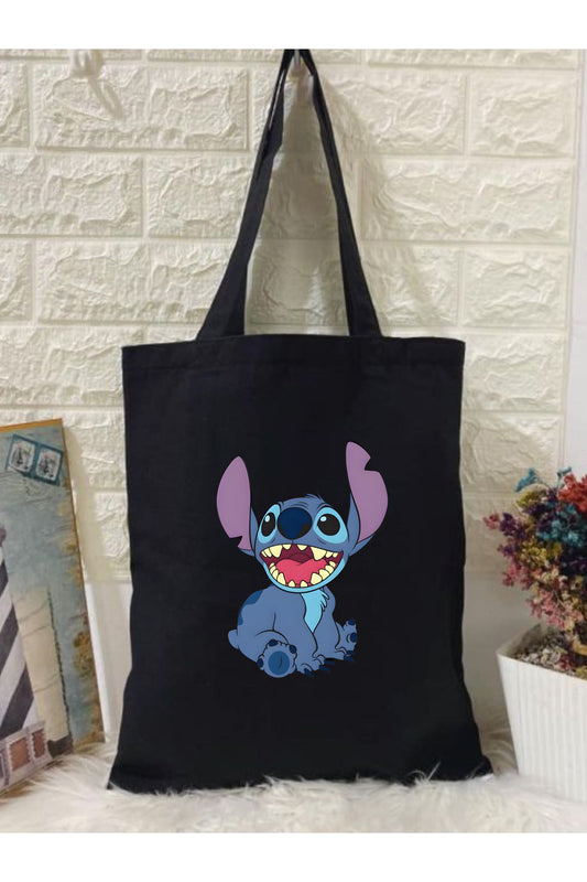 Stitch Tote Bag Bez Çanta Siyah Keten Kalın Bez Çanta Tote Bag Kanvas Omuz Çantası, Shopper Bag