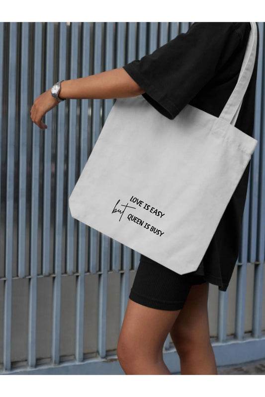 Kalın Kanvas Love is Easy but Queen is Busy Motto Tote Bag Bez Çanta, Omuz Çantası, Kalın Bez Çanta