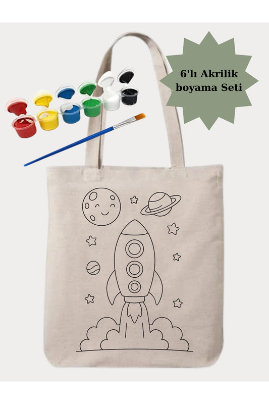 Boyama Seti Roket Erkek Çocuk Boyama Çantasi Anaokulu Çocuk Etkinlik Boyama krem kanvas çanta %100 pamuk 35x40 cm tote bag