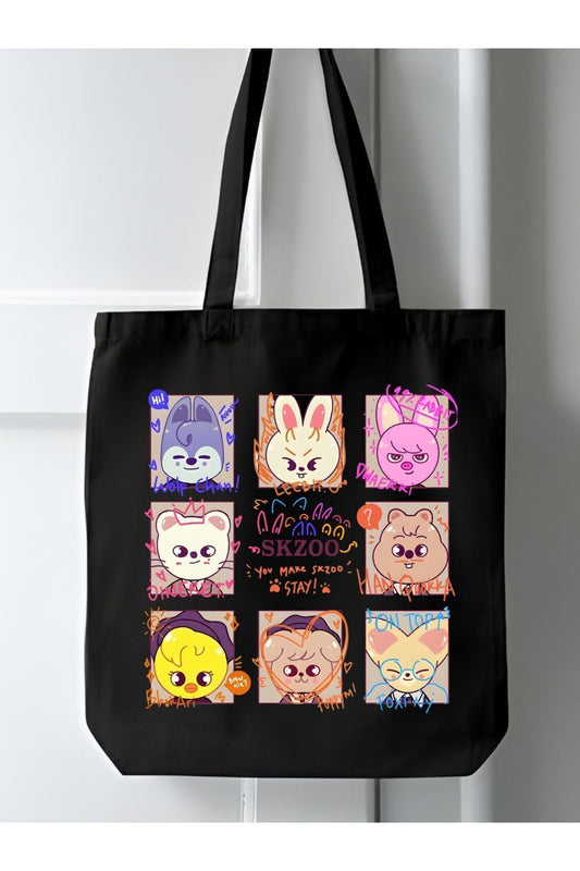 Stray Kids Skzoo Siyah , Kanvas Tote Bag, Bez Çanta, Kanvas Çanta