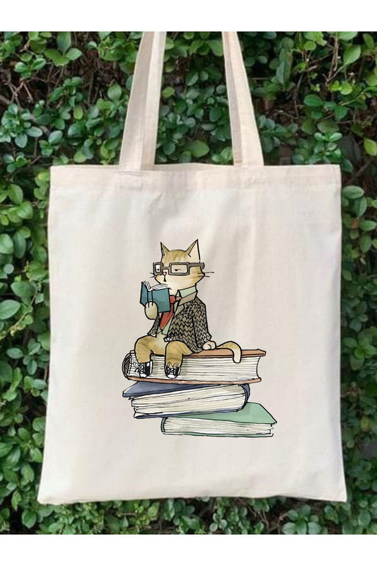 Kedi ve Kitap Tasarım Ham Bez Tote Bag Çanta Omuz Çantası