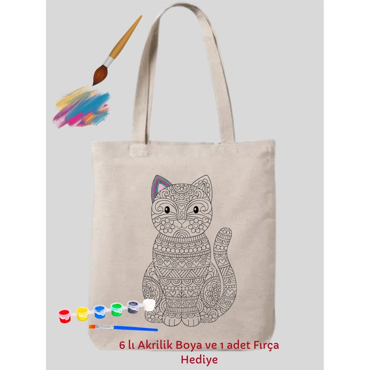 Mandala Kedi Boyama Çantasi Hobi 35*40 cm krem kanvas çanta %100 pamuk 35x40 cm tote bag