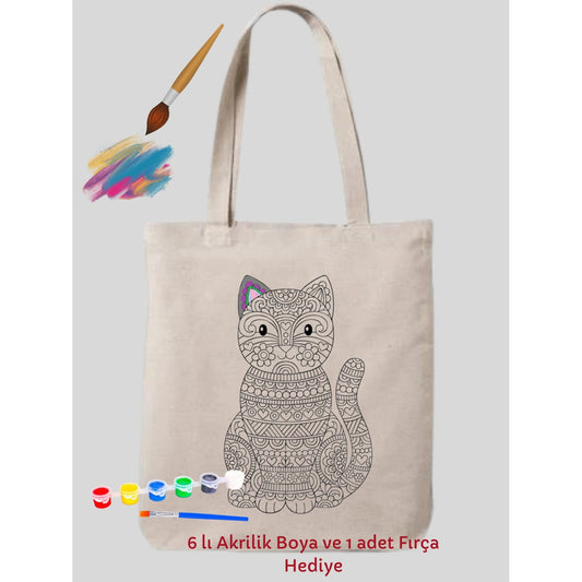 Mandala Kedi Boyama Çantasi Hobi 35*40 cm krem kanvas çanta %100 pamuk 35x40 cm tote bag