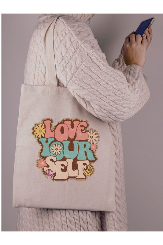 Love Your Self Bohem, Retro Omuz Çantası Tote Bag Bez Çanta