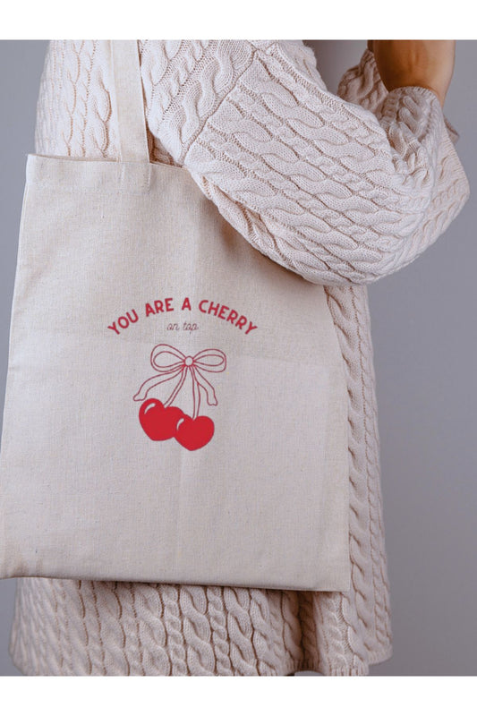 Y2K Cherry Coquette Pinterest Kiraz Retro Unisex Ham Bez Çanta tasarımlı ham bez çanta minimalist pinterest modeli