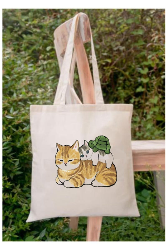 Kediler Ve Kaplumbağa Tote Bag Bez Çanta
