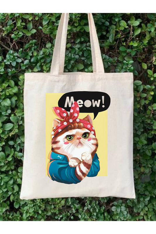 Meow Power Cat Tote Bag Bez Çanta