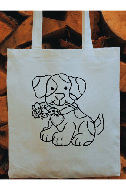 Köpekli Çocuk Boyama Çantası, Boyama Bez Çanta Tote Bag