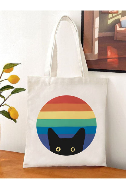 Cat In Rainbow Gökkuşağındaki Kedi Ham Bez Çanta tasarımlı ham bez çanta minimalist pinterest modeli