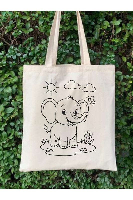Sevimli Fil Boyama Çantasi Anaokulu Çocuk Etkinlik Boyama krem kanvas çanta %100 pamuk 35x40 cm tote bag