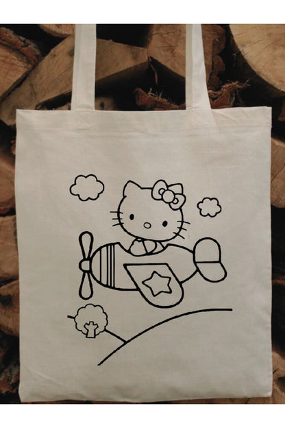 Hello Kitty Uçaklı  Boyama Çantası, Boyama Bez Çanta Tote Bag
