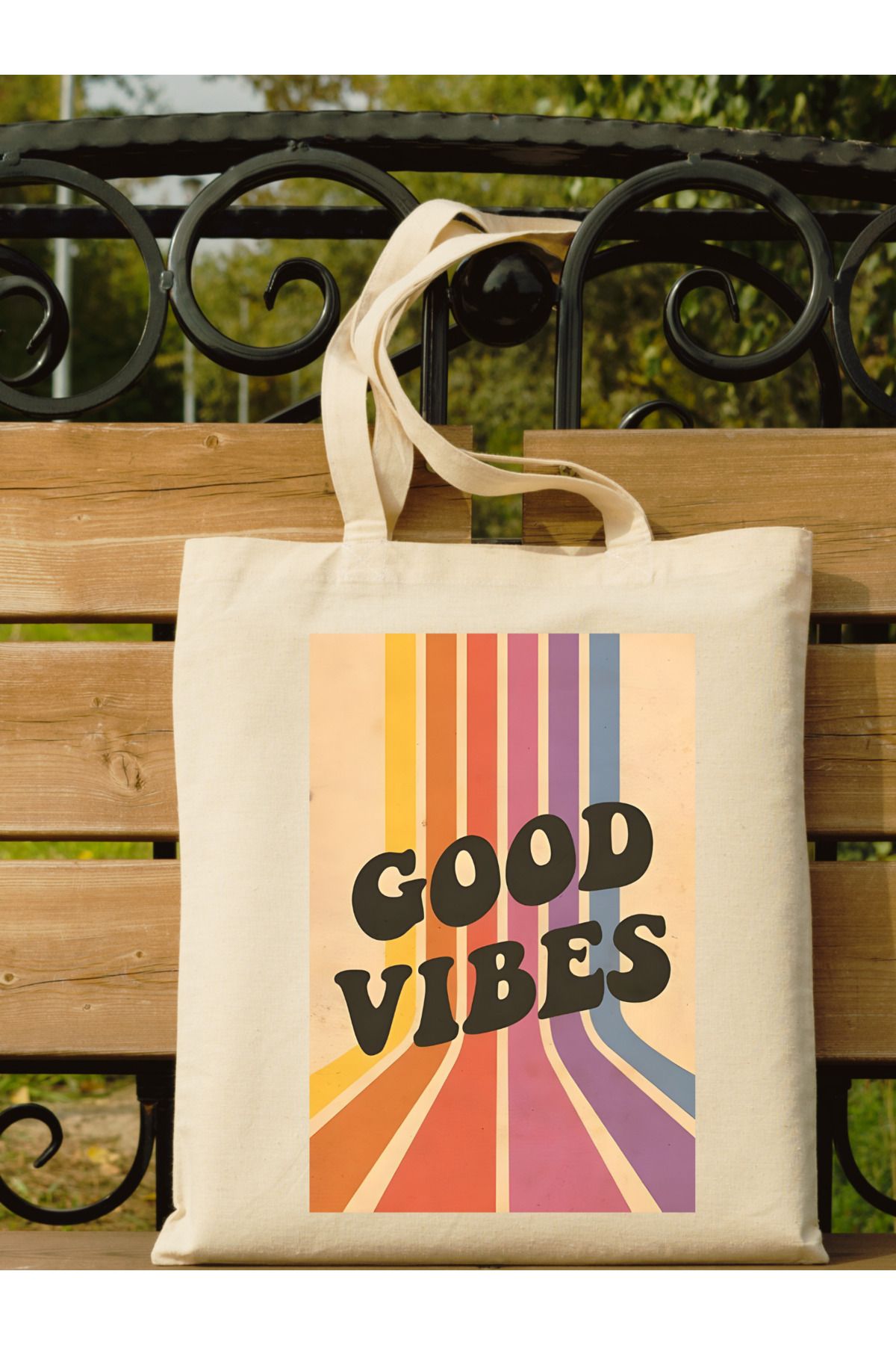 Rainbow Retro Good Vibes  Retro Vintage Tote Bag Bez Çanta