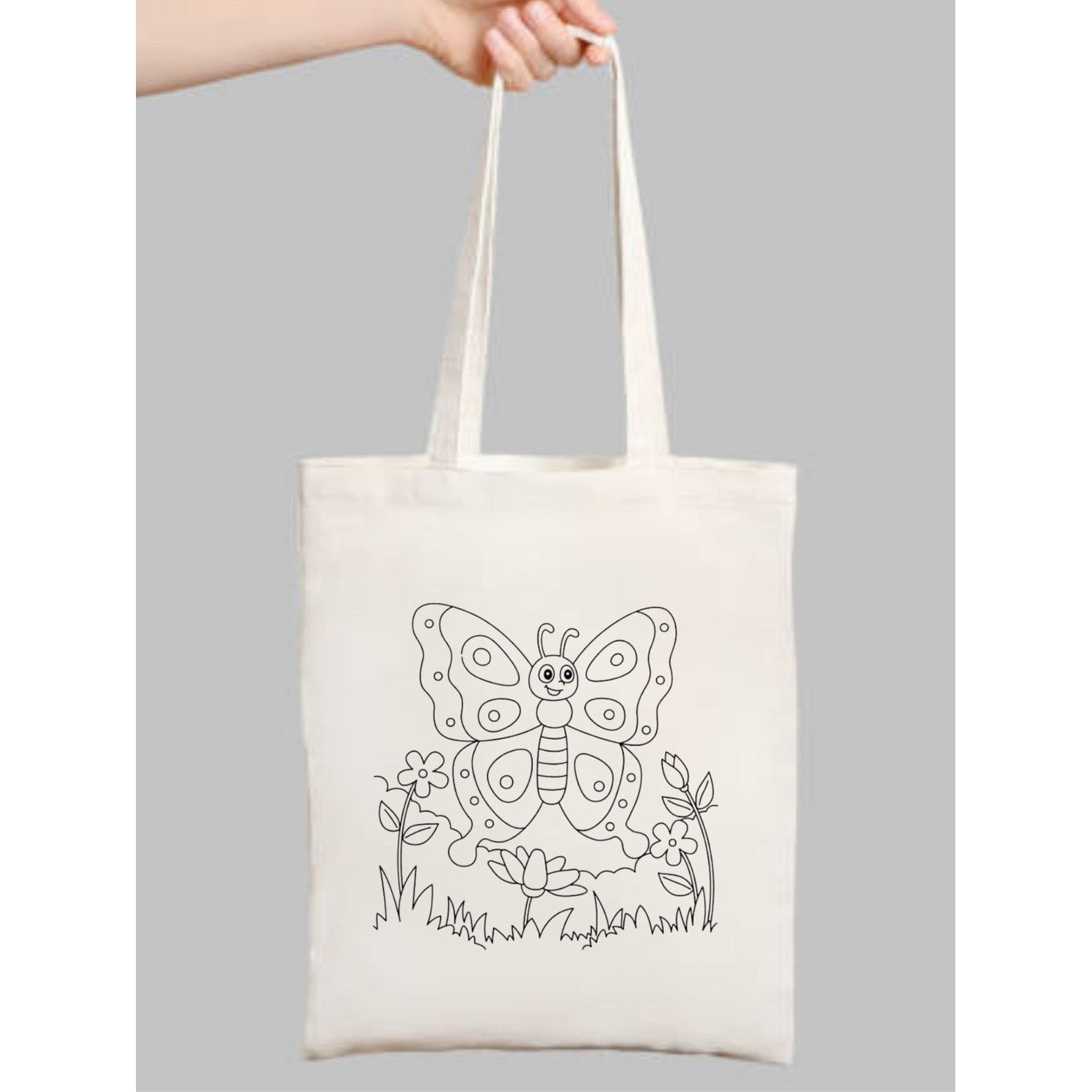 Kelebekli Çiçekli Çocuk Boyama Çantasi krem kanvas çanta %100 pamuk 35x40 cm tote bag