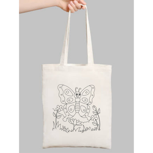 Kelebekli Çiçekli Çocuk Boyama Çantasi krem kanvas çanta %100 pamuk 35x40 cm tote bag