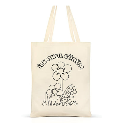 Ilk Okul Günü Boyama Çantasi krem kanvas çanta %100 pamuk 35x40 cm tote bag