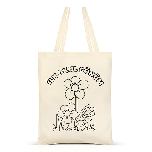 Ilk Okul Günü Boyama Çantasi krem kanvas çanta %100 pamuk 35x40 cm tote bag