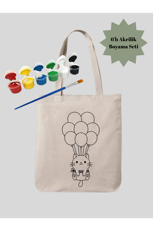Boyama Seti Kedili Kedi Boyama Çantasi Anaokulu Çocuk Etkinlik Boyama krem kanvas çanta %100 pamuk 35x40 cm tote bag