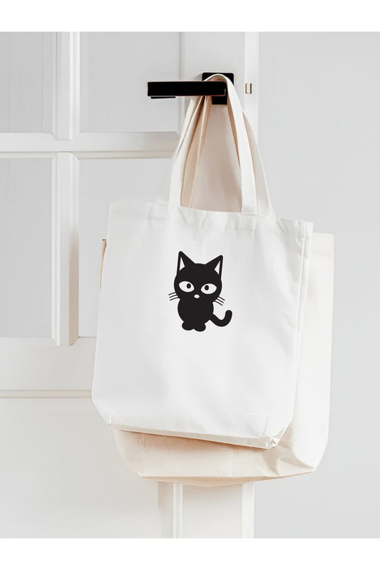 Siyah Kedi Tasarım Motto Tote Bag, Kalın, Bez Çanta, Omuz Çanta, Alışveriş Çantası, Kitap Çantası
