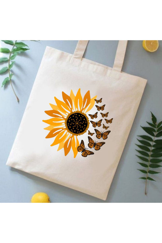 Papatya ve Kelebek, Daisy and Butterfly Çiçek Tote Bag Bez Çanta