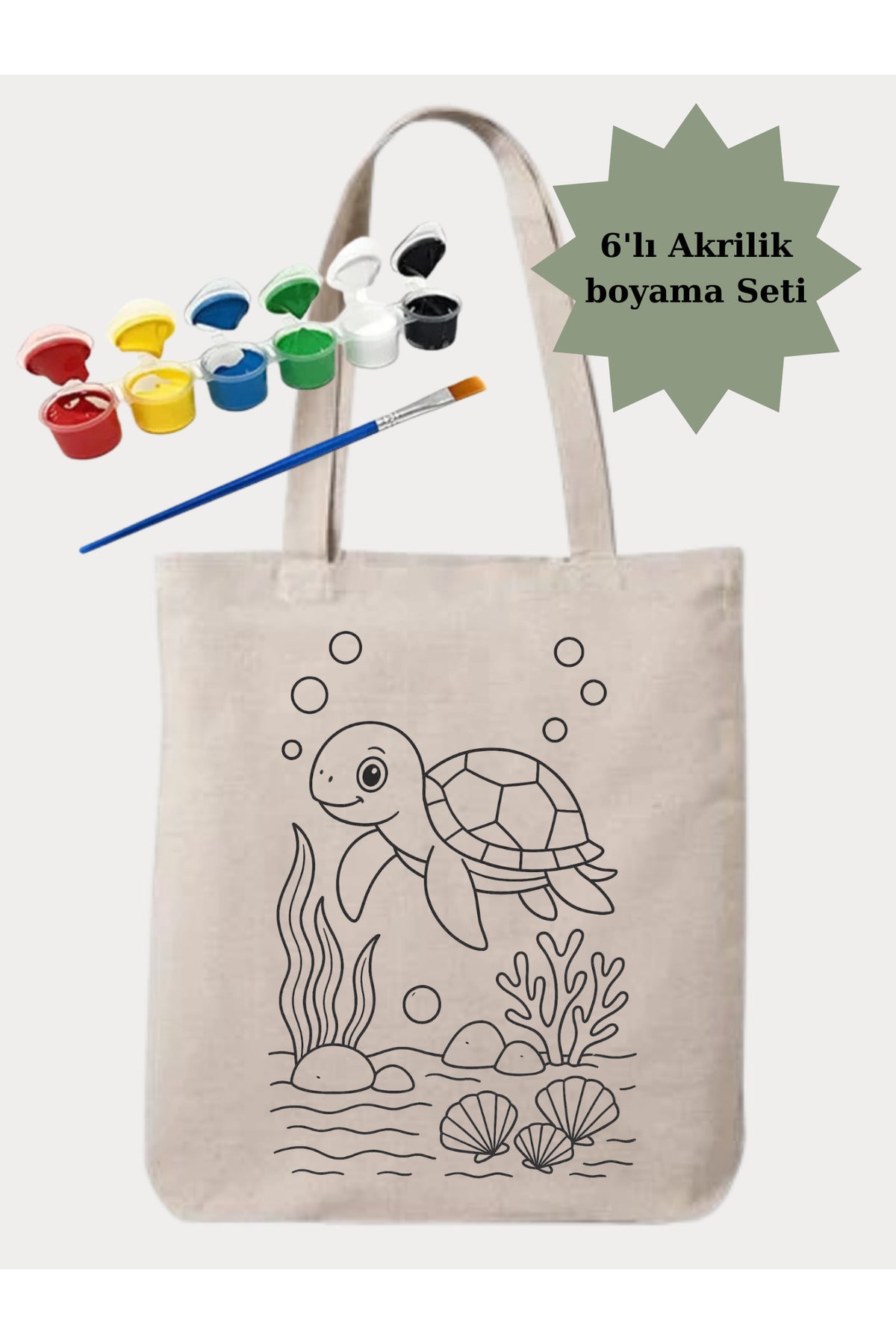 Boyama Seti Kaplumbaga Boyama Çantasi Anaokulu Çocuk Etkinlik Boyama krem kanvas çanta %100 pamuk 35x40 cm tote bag