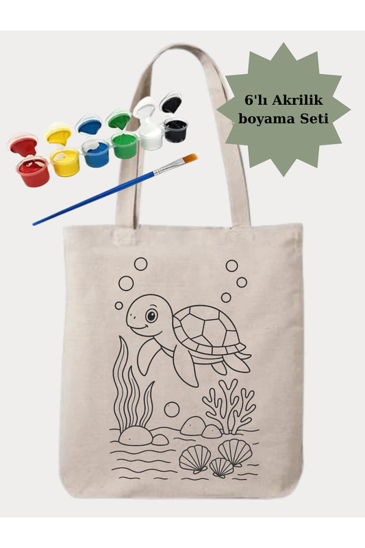 Boyama Seti Kaplumbaga Boyama Çantasi Anaokulu Çocuk Etkinlik Boyama krem kanvas çanta %100 pamuk 35x40 cm tote bag