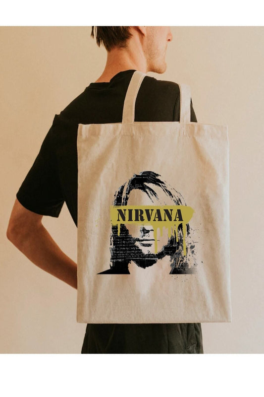 Nirvana Kurt Cobain Tasarımlı Tote Bag Krem Ham Bez Çanta ham bez çanta pinterest model