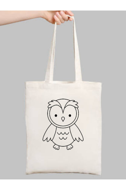 Baykuş Çocuk Boyama Çantası, Anaokulu Boyama Bez Çanta Tote Bag