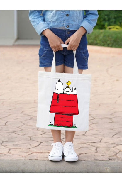 Snoopy Tasarım Kalım Kanvas, Rips Bez Çanta, Omuz Çantası, Kalın Tote Bag