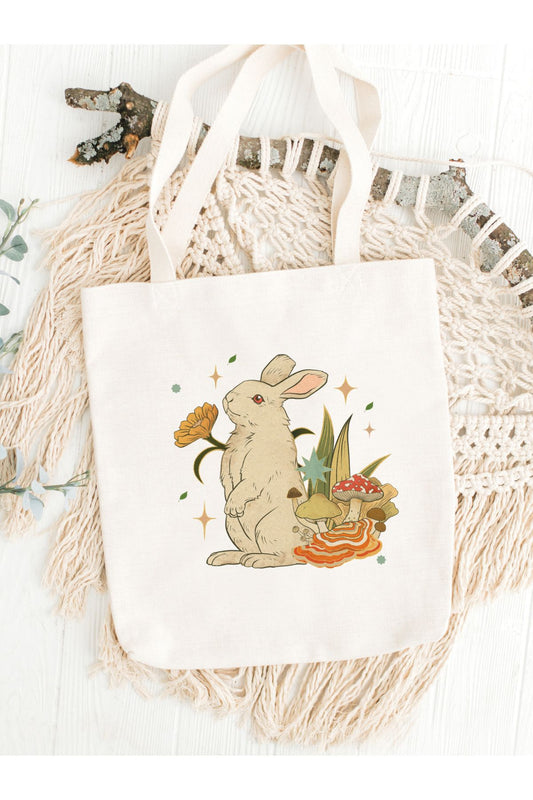 Rabbit And Mushroom, Tavşan ve Mantar Tasarım Tote Bag, Bez Çanta