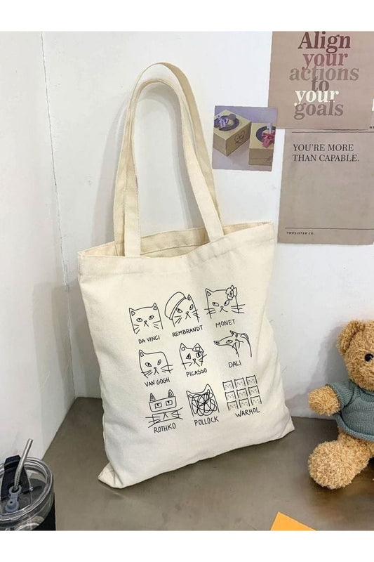 Art Cat, Sanatçı Kediler Tasarım Kalın Kanvas Tote Bag, Bez Çanta, Shopper Bag, Kanvas Çanta