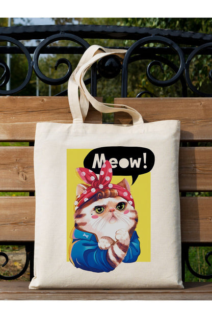 Meow Power Cat Tote Bag Bez Çanta