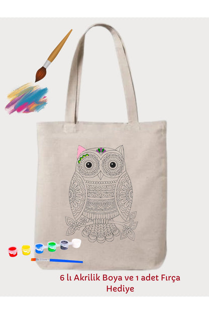 Mandala Baykuş Boyama Çantası Hobi 35*40 cm Ham Bez Çanta Boyama