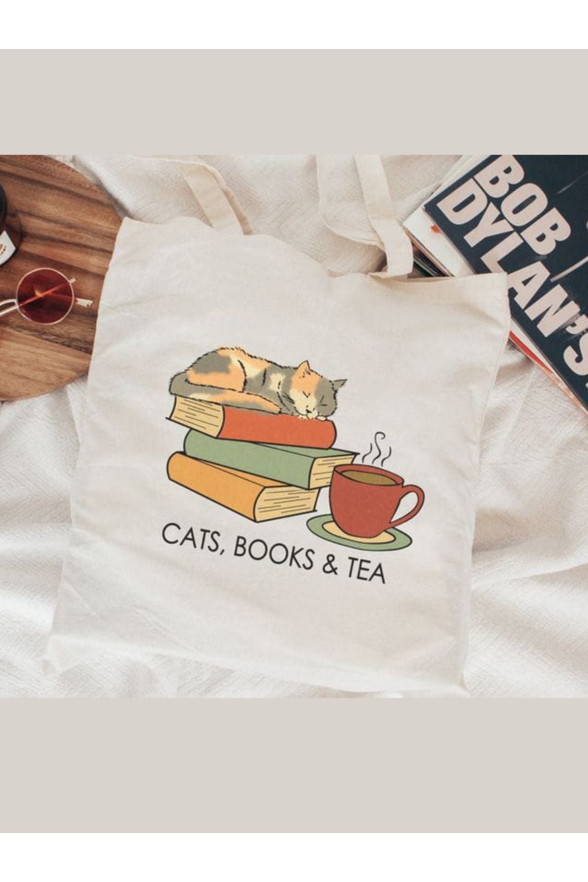Cats, books and Tea Tasarım Kedi Çanta ve Çay Tasarım Ham Bez Tote Bag Bez Çanta