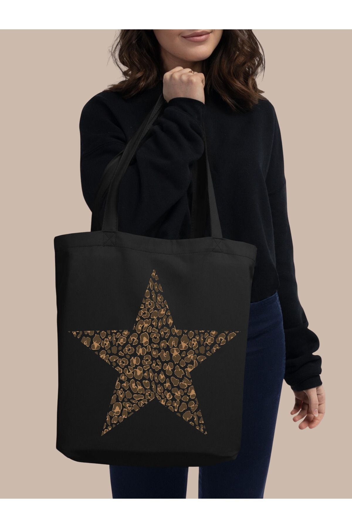 Leopar Star Siyah Kanvas Kalın Tote Bag, Shopper Bag, Omuz Çantası, Leopar Çanta