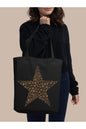 Leopar Star Siyah Kanvas Kalın Tote Bag, Shopper Bag, Omuz Çantası, Leopar Çanta