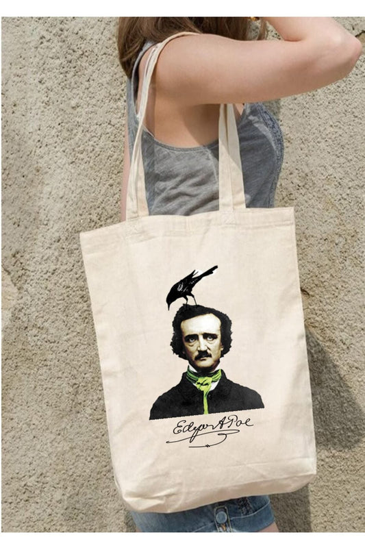Edgar Allan Poe Tasarımlı Tote Bag Krem Ham Bez Çanta ham bez çanta pinterest model