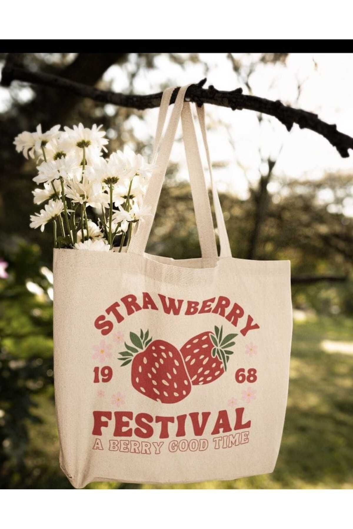 Strawberry Festival, Çilek Festivali Y2k Kalın Tote Bag, Bez Çanta, Alışveriş Kitap Çantası