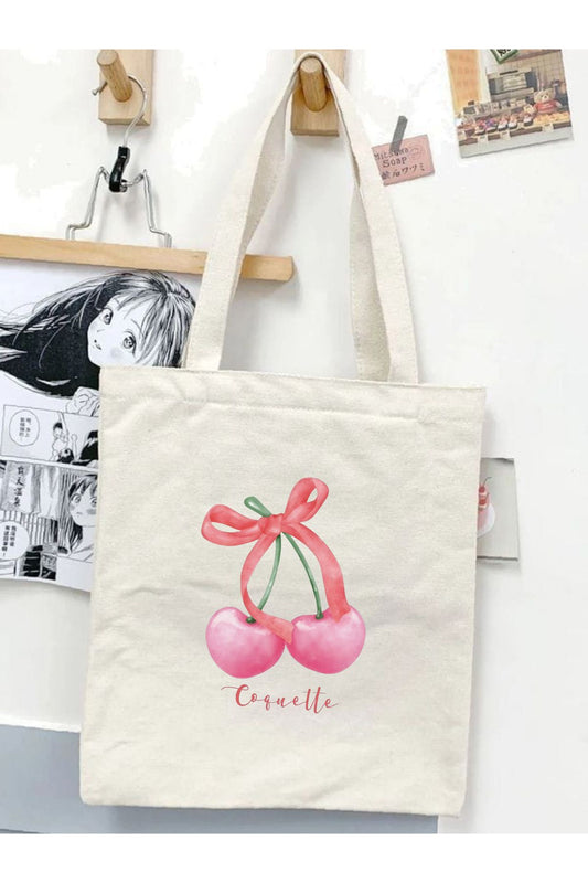 Y2K Bows Coquette Pinterest Cherry Kurdeleler Retro Unisex Bez Çanta Tote Bag