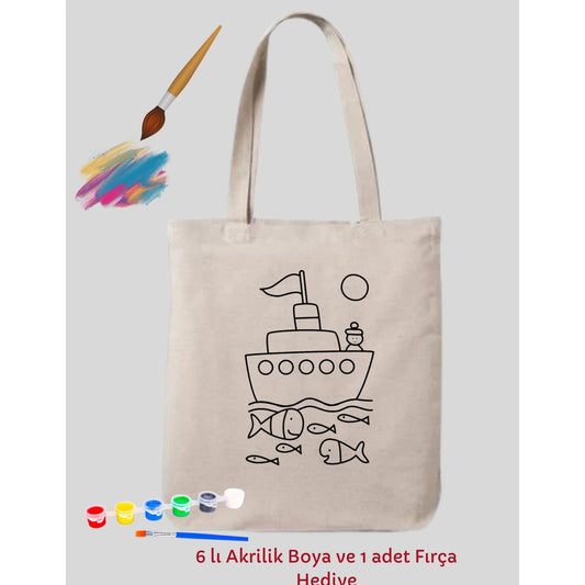 Gemi Tasarim Sinirli Boyama Çantasi Hobi 35*40 cm krem kanvas çanta %100 pamuk 35x40 cm tote bag