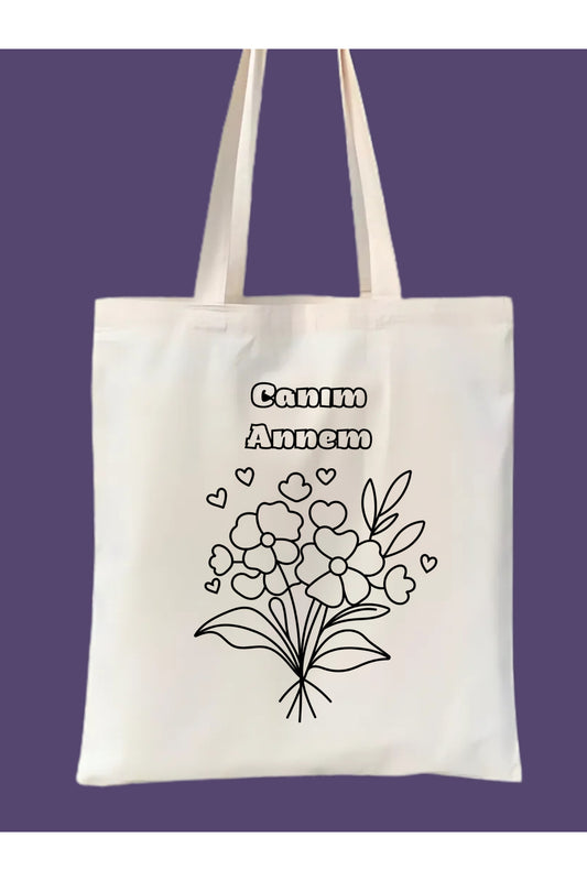 Anneler Günü Boyama Hediye krem kanvas çanta %100 pamuk 35x40 cm tote bag