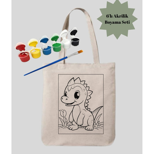 Boyama Seti Dinazorlu Boyama Çantasi krem kanvas çanta %100 pamuk 35x40 cm tote bag