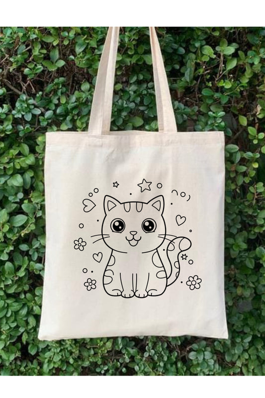 Kedili Kedi Boyama Çantasi Anaokulu Çocuk Etkinlik Boyama krem kanvas çanta %100 pamuk 35x40 cm tote bag