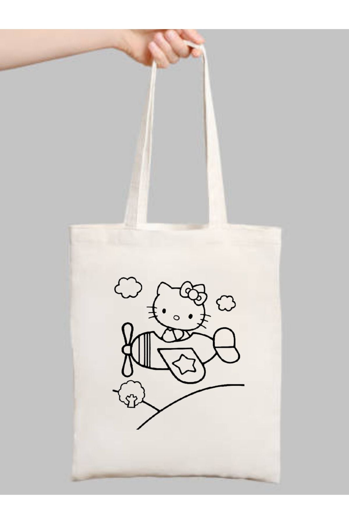 Hello Kitty Uçaklı  Boyama Çantası, Boyama Bez Çanta Tote Bag