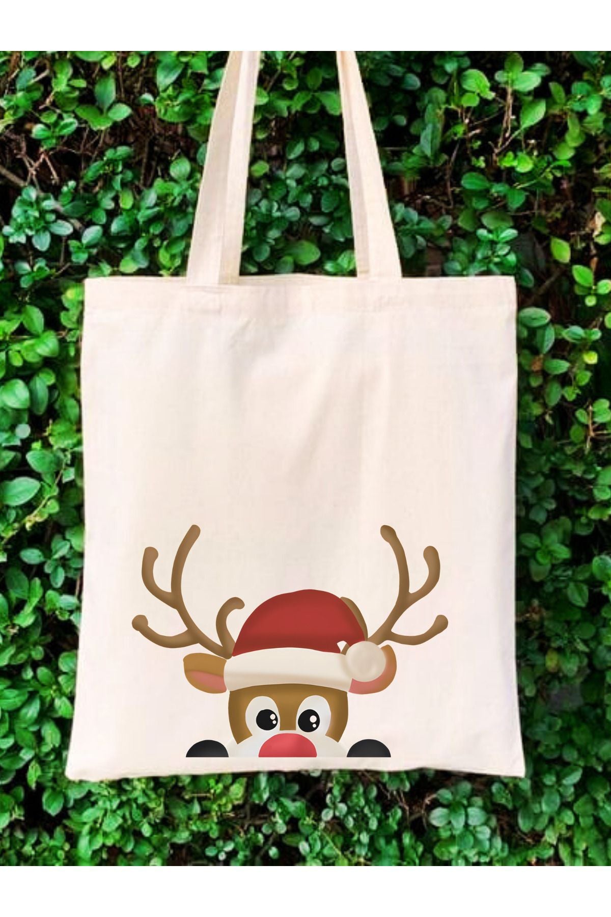 Noel Şapkalı Geyik Yılbaşı Ham Bez Çanta tasarımlı ham bez çanta minimalist pinterest modeli