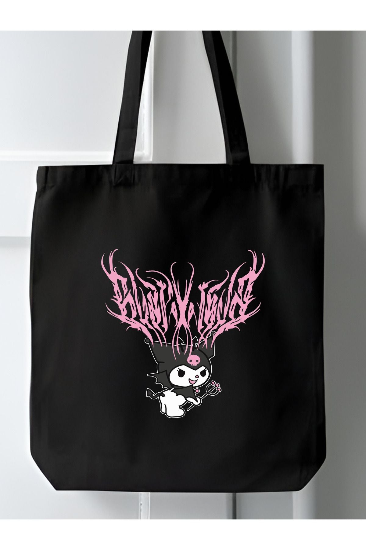 Kuromi Tasarım Tote bag, Bez Çanta, Siyah Kanvas Kitap Çantası, Okul Çantası, Kore Çanta