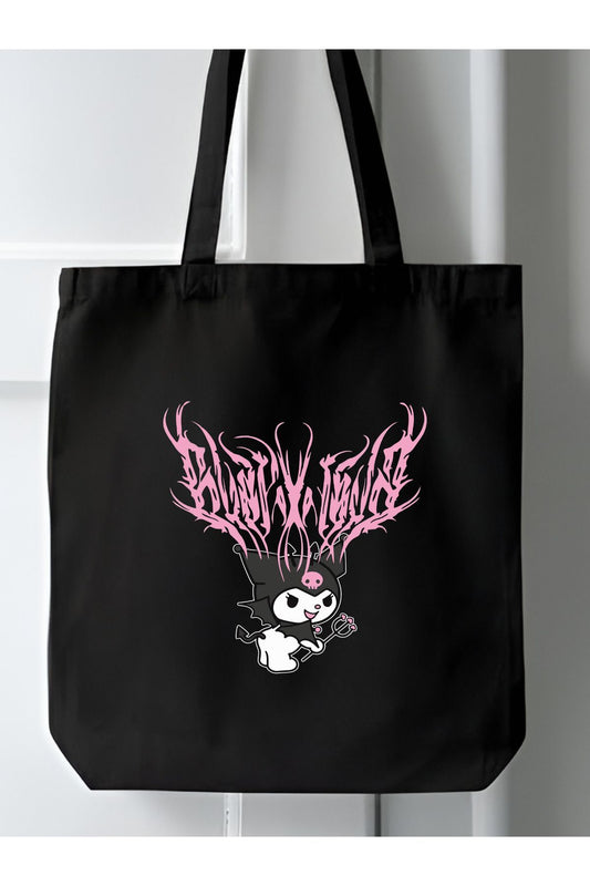 Kuromi Tasarım Tote bag, Bez Çanta, Siyah Kanvas Kitap Çantası, Okul Çantası, Kore Çanta