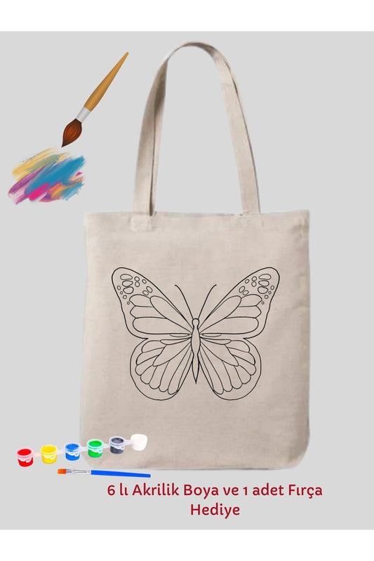 Mandala Kelebek Boyama Çantası Hobi 35*40 cm Ham Bez Çanta Boyama
