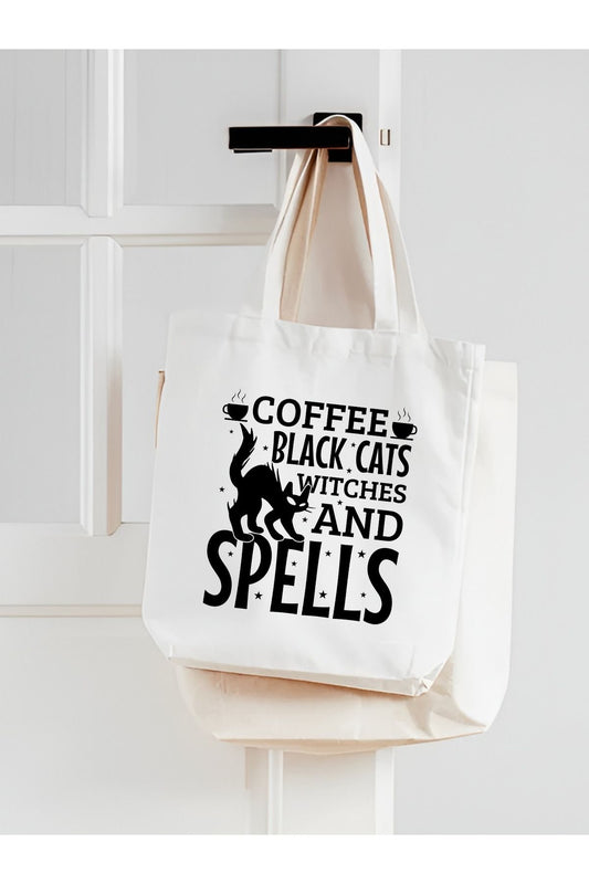 Spell Cat Coffee Kalın Su Geçirmez Bez Tote Bag Kanvas Omuz Çantası