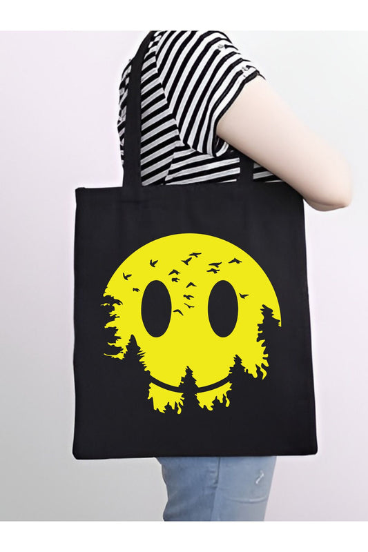 Yellow Smile Design Y2k tote bag, Siyah Kalın Kanvas Y2K Bez Çanta, Omuz Çanta, Tote Bag
