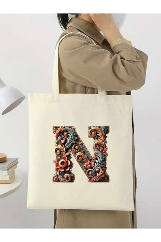 N Harf Tasarım N Harfi Çanta, Y2 Pinterest Retro Unisex Bez Çanta Tote Bag, Shopper Bag